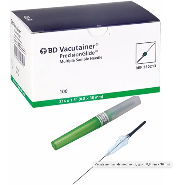 Vacutainer, kanyle med ventil, grn, 0,8 mm x 38 mm